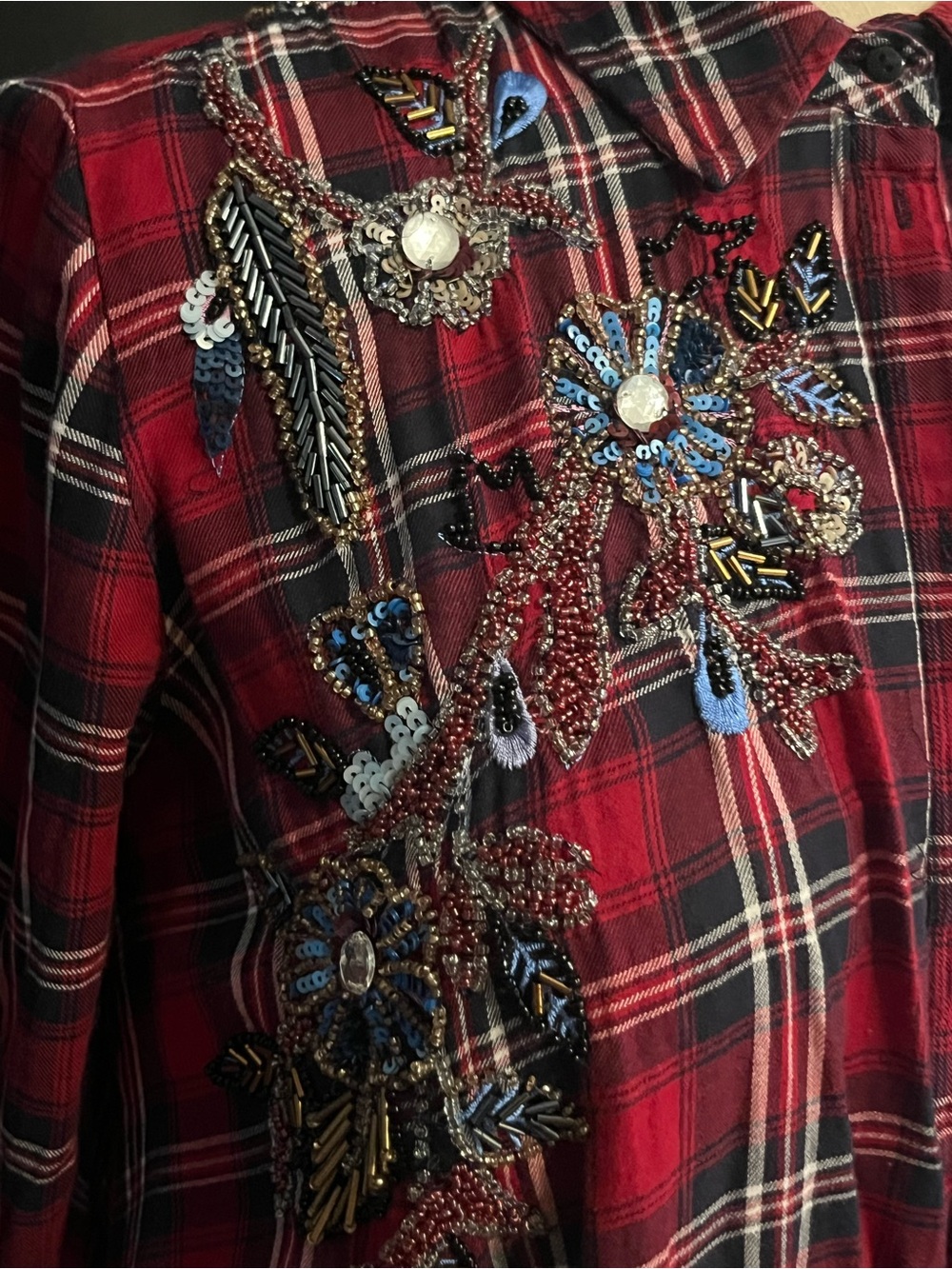 Zara Embroidered Red Plaid Button-Front Shirt - Picture 2 of 9